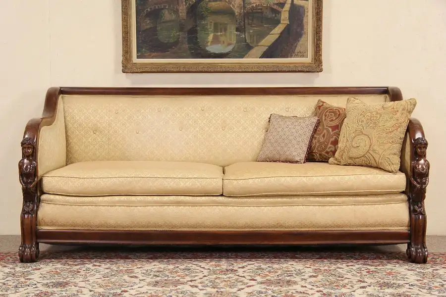 Main image of Mahogany 1920's Antique Sofa, Carved Female Figures