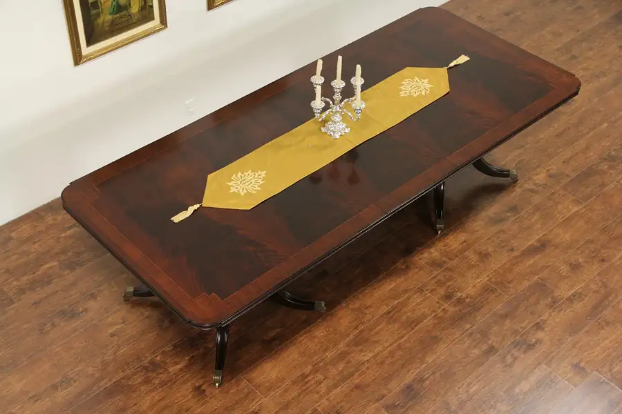 Main image of Maitland Smith Signed Banded Mahogany Dining Table with Leaf, Extends 9' 3"