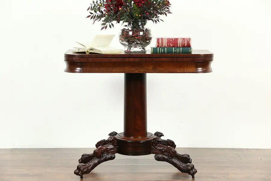 Main image of Empire 1825 Antique Console Table, Opens to Game Table, Paw Feet