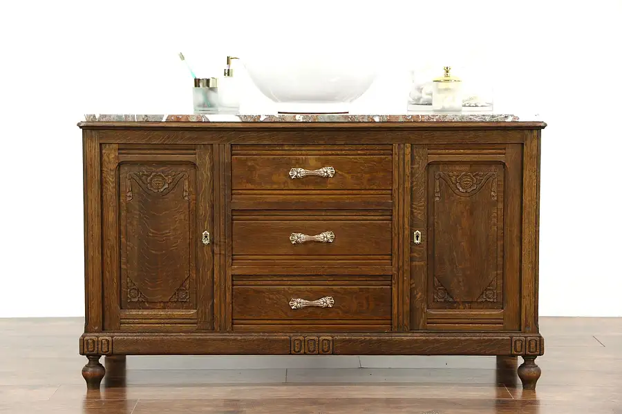 Main image of Oak Carved Antique 1915 Sideboard, Server, Bar or Buffet, Marble Top Sink Vanity