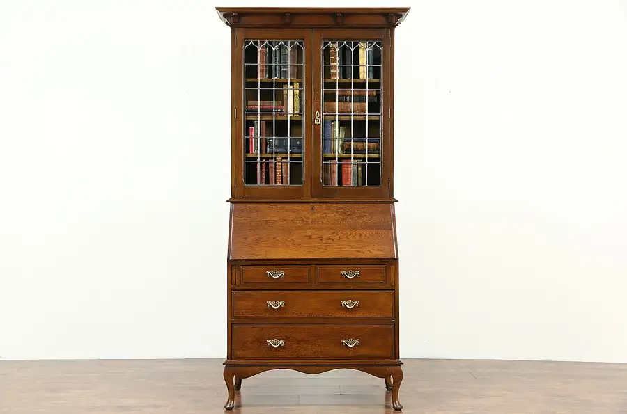 Main image of English Oak Antique 1915 Secretary Desk, Leaded Glass Bookcase Top