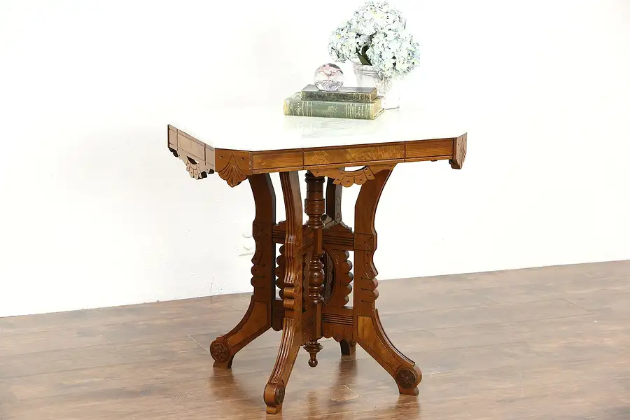 Main image of Victorian Eastlake 1880's Antique Marble Top Walnut Lamp or Parlor Table