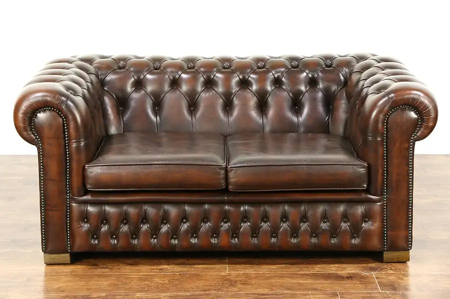 Main image of Chesterfield Tufted Brown Leather Vintage Scandinavian Loveseat