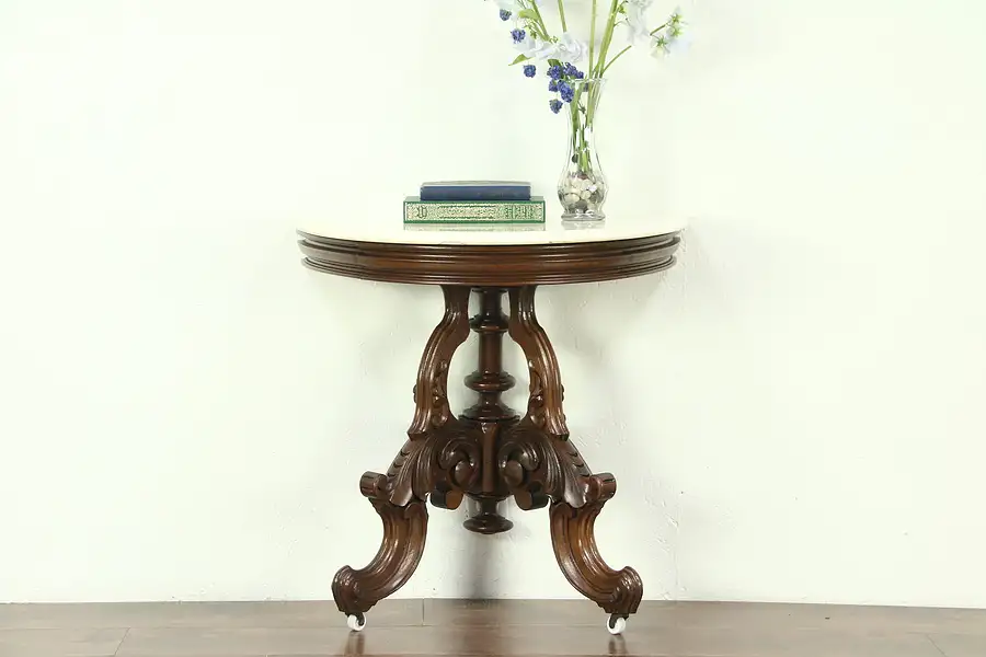 Main image of Victorian 1860 Antique Half Round Demilune Hall Console Table, Marble Top