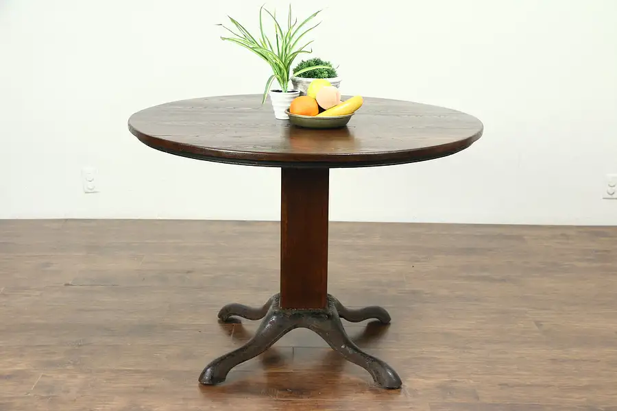 Main image of Pub, Tavern, Game Table, Antique Oak & Iron Base, Signed Lange