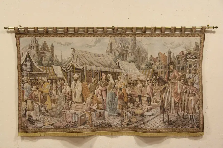 Main image of Tapestry, Vintage Wall Hanging Scene on Brass Rod