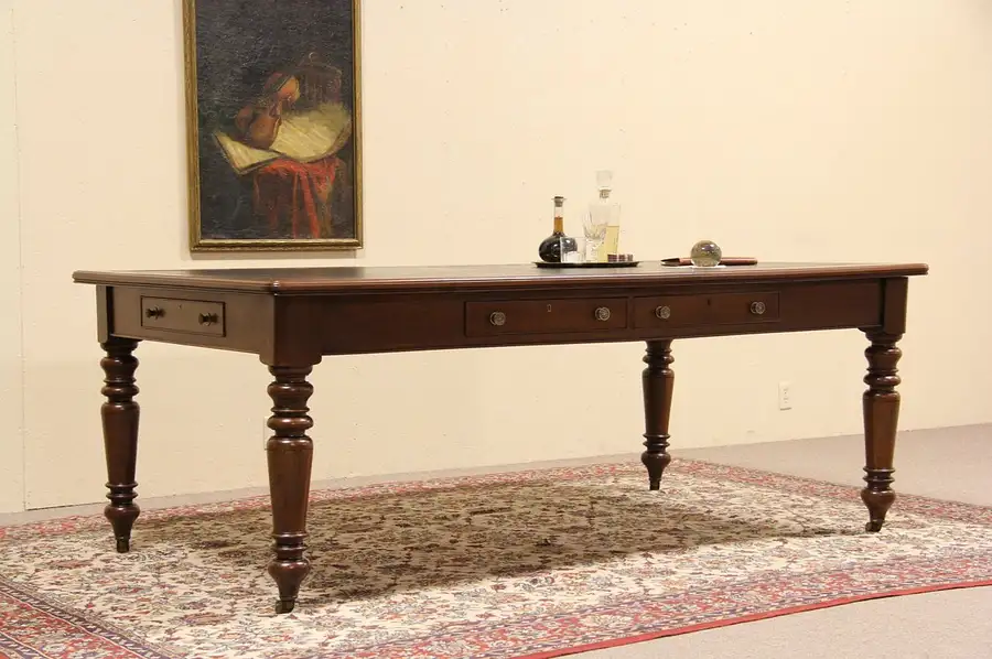 Main image of Leather Top 7' Antique 1875 Library Table, 6 Drawers