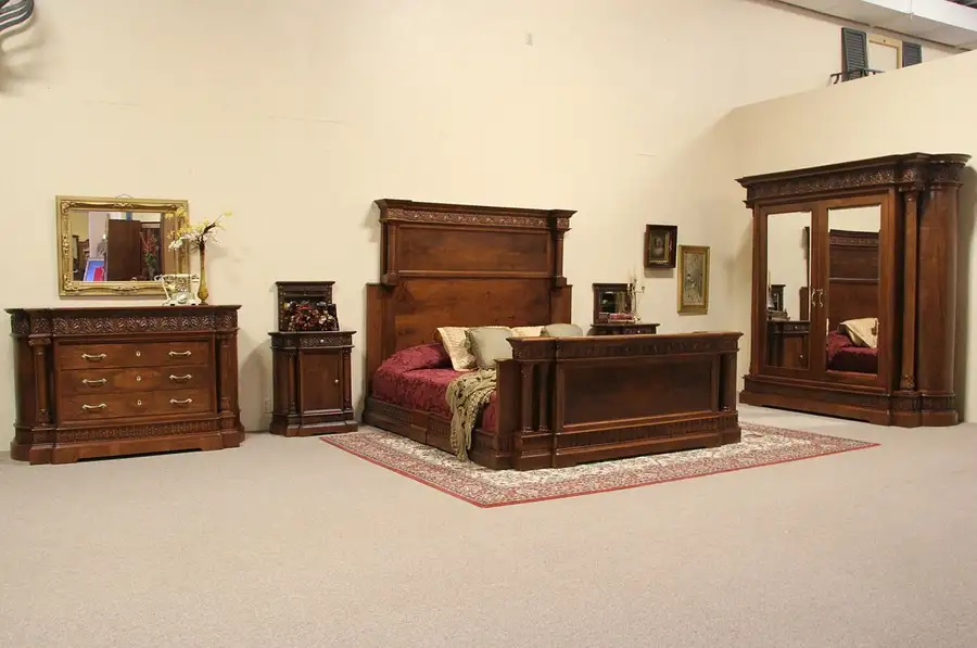 Main image of Renaissance Carved 5 Piece King Size Antique 1910 Bedroom Set