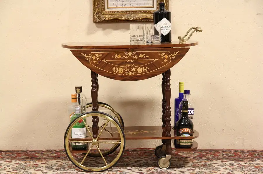 Main image of Italian Marquetry Burl Tea Cart, Beverage or Dessert Trolley