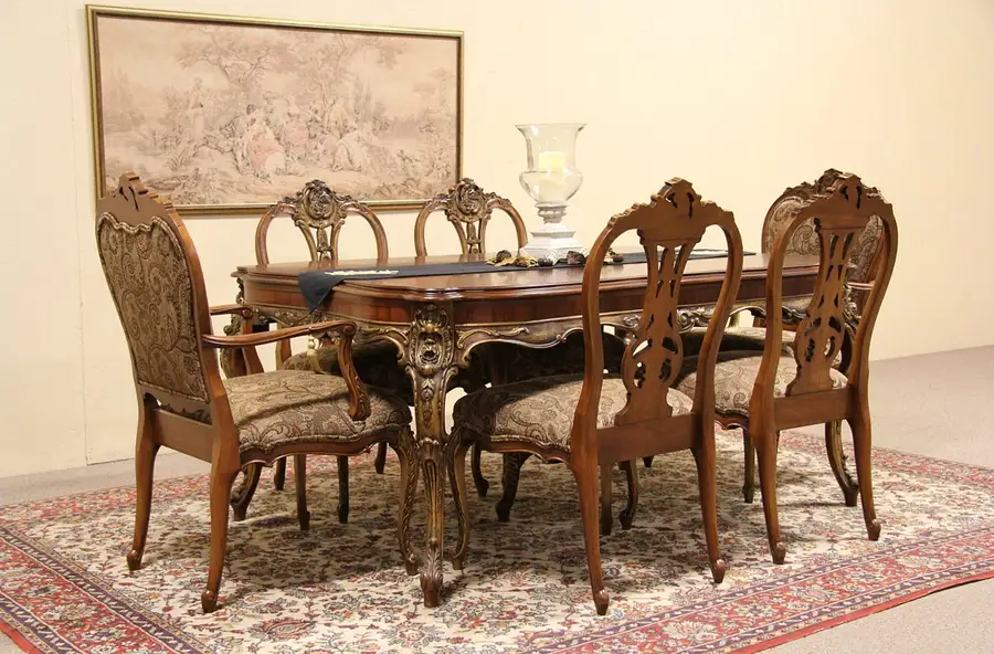 Main image of Carved 1940's Vintage Dining Set, Table & 6 Chairs
