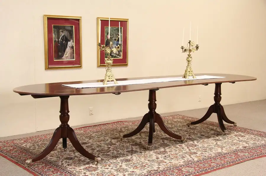 Main image of Georgian Vintage English Triple Pedestal 11' Banded Mahogany Dining Table