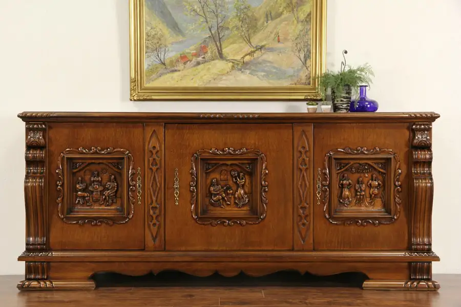 Main image of Scandinavian Oak 1920's Sideboard Credenza TV Console, Carved Music Scenes