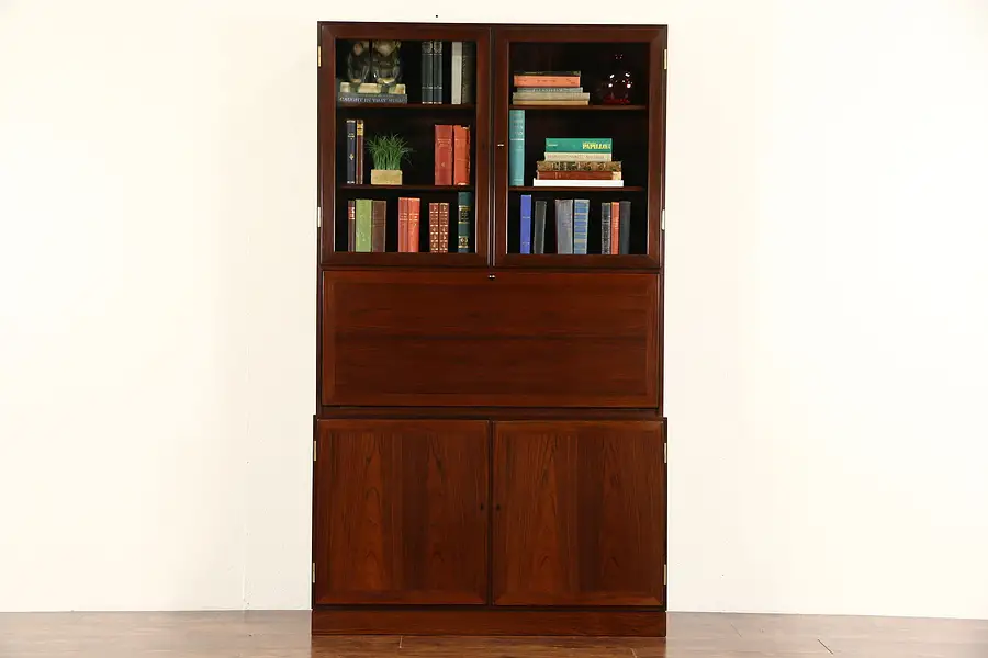 Main image of Rosewood Midcentury Danish Modern 1960 Vintage Secretary Desk & Bookcase, Signed