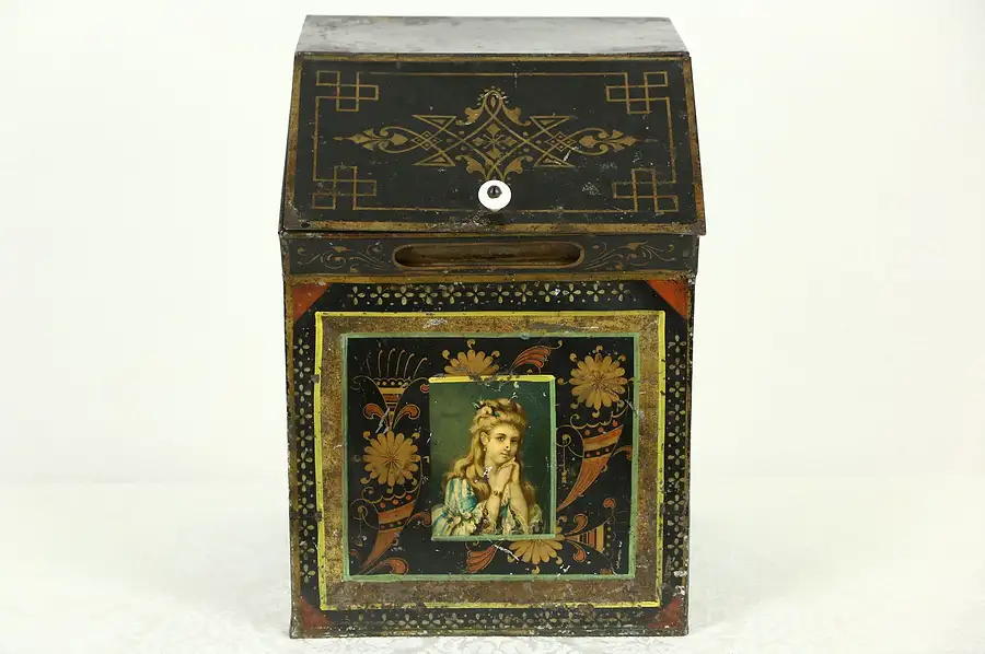 Main image of Victorian Antique Tea Tin, Picture of Woman with Hands under Chin