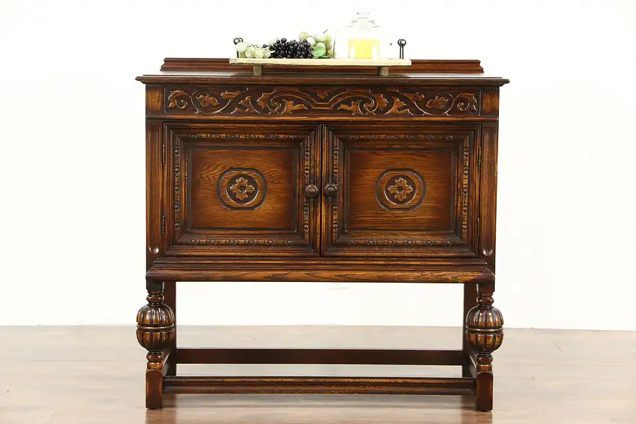 Main image of English Tudor Style 1920 Antique Carved Oak Huntboard, Server or Sideboard