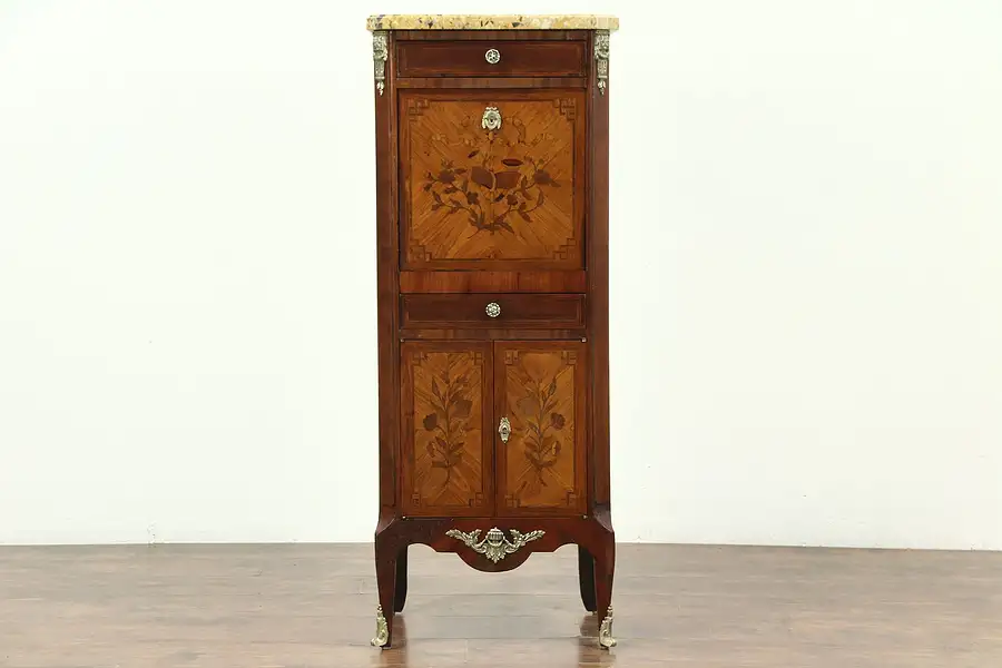Main image of Marble Top Antique Marquetry Jewelry Chest & Secretary Desk, France