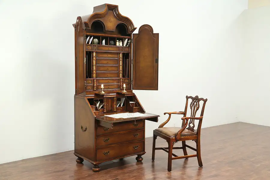 Main image of Tooled Leather Library Secretary Desk & Chair, Secret Book Compartments