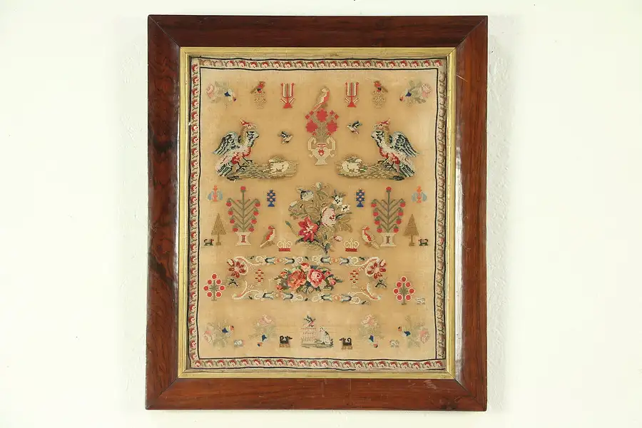 Main image of Sampler, 1830's Antique Hand Stitched Birds, Dogs & Flowers, England