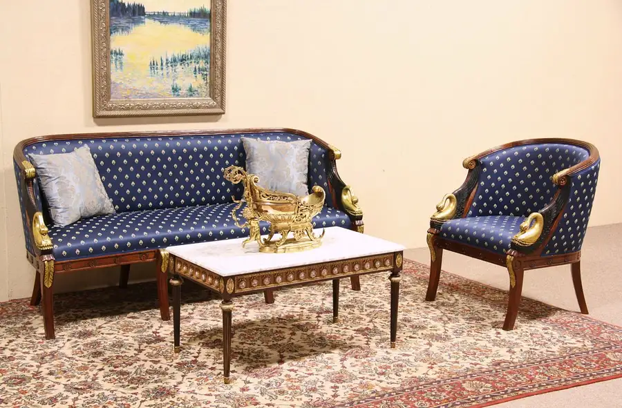 Main image of Carved Swan French Empire Vintage Sofa & Chair Set