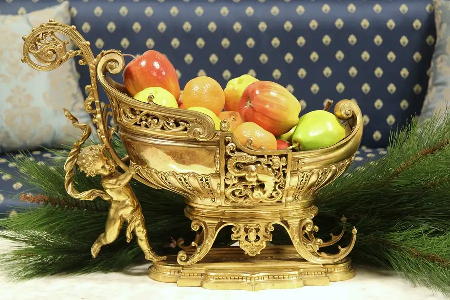 Main image of French 1880 Antique Bronze Cherub & Sleigh Centerpiece