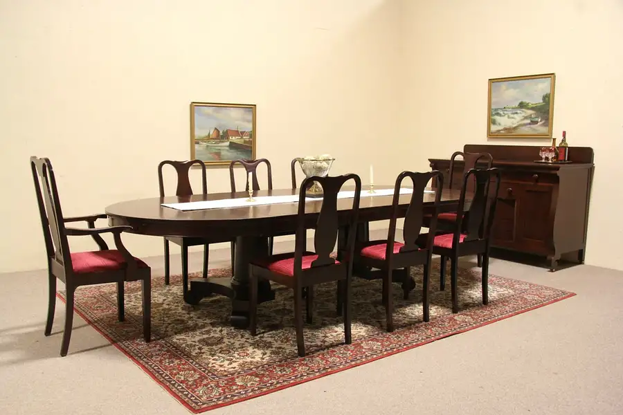 Main image of American Empire Mahogany 1910 Dining Set, 10' Long Table, 8 Chairs, Sideboard