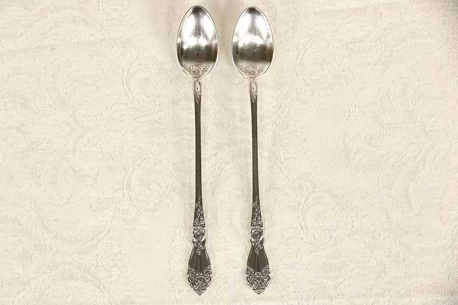 Main image of Pair Antique 1900 Silverplate Hibiscus Flower Ice Tea Spoons, Signed Wallingford
