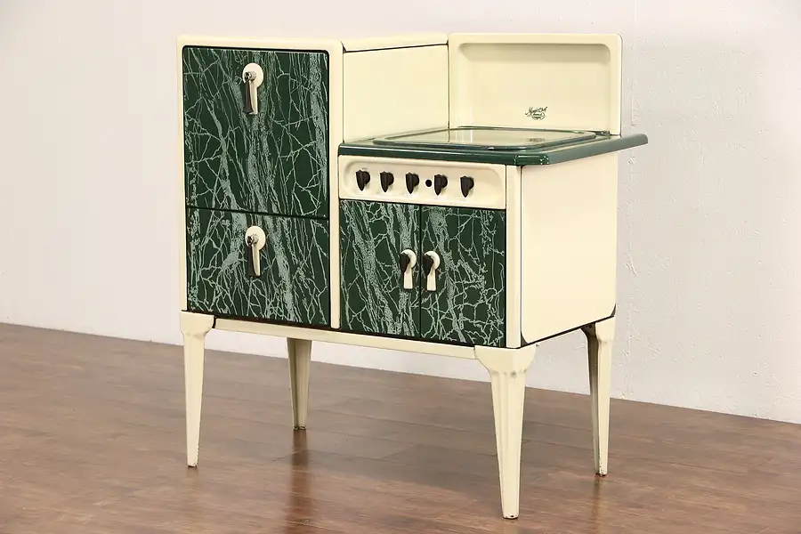 Main image of Magic Chef Signed 1920's Antique Gas Cook Stove, Cream & Green Enamel