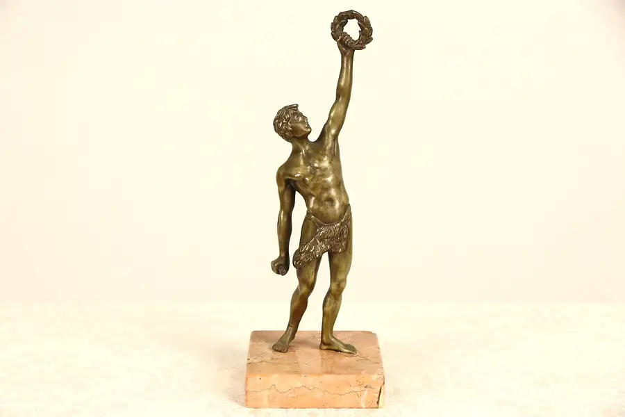 Main image of Bronze Sculpture, Olympic Athlete with Laurel Victory Wreath, Salmon Marble Base