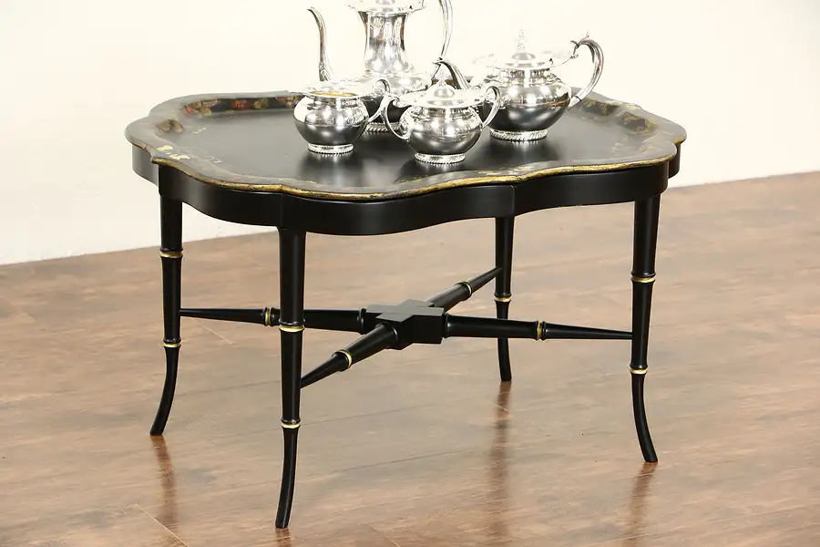Main image of English Paper Mache Pearl & Hand Painted 1860 Antique Tray & Base Coffee Table
