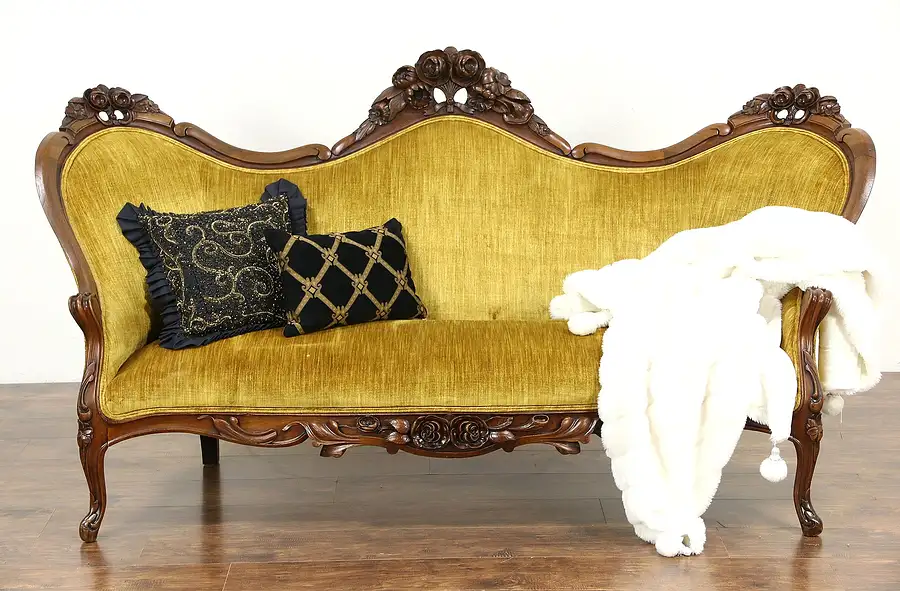 Main image of Victorian 1860 Antique Walnut Sofa, Hand Carved Roses