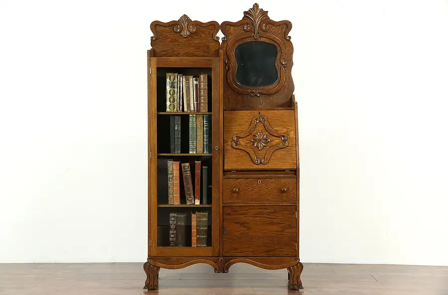 Main image of Victorian Antique 1900 Carved Oak Side by Side Secretary Desk & Bookcase