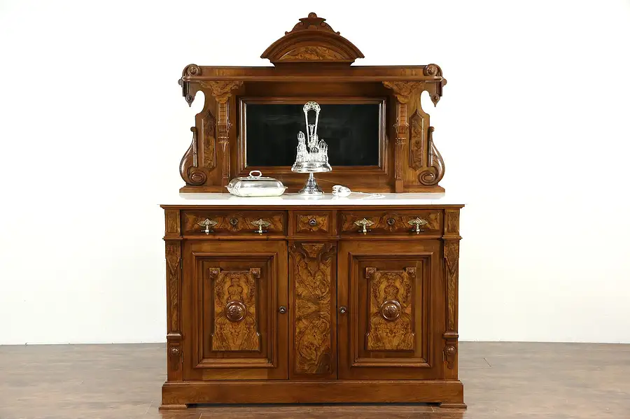 Main image of Victorian Renaissance 1875 Antique Sideboard Buffet Server, Marble Top & Mirror