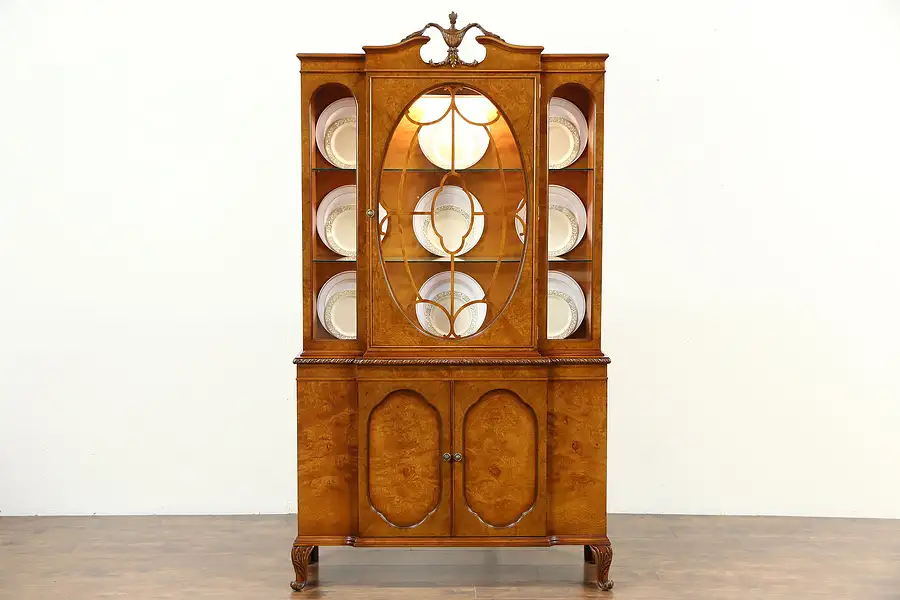 Main image of China Breakfront Display Cabinet, 1940's Vintage Carved Olive Ash Burl