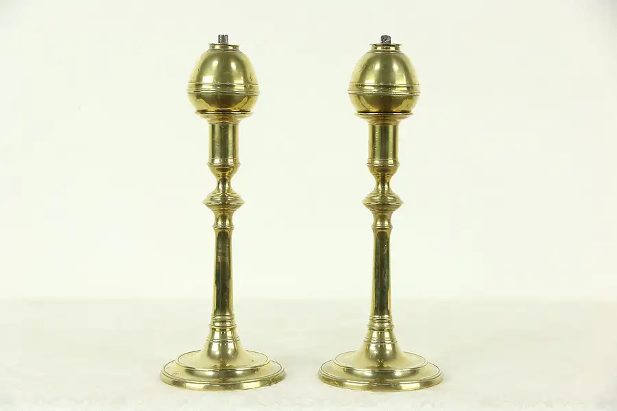 Main image of Pair of Brass Antique 1850 Candlesticks with Whale Oil Lamp Burners, Newport RI