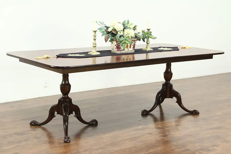 Main image of Georgian Style Banded Mahogany Dining Table, 2 Carved Pedestals & Leaf