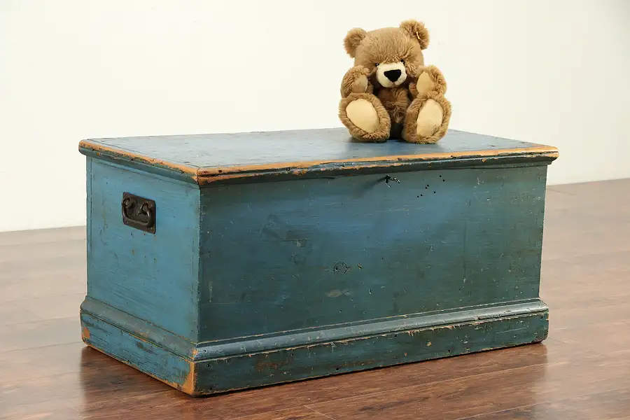 Main image of Country Pine Antique Blanket Chest or Trunk or Coffee Table, Blue Paint