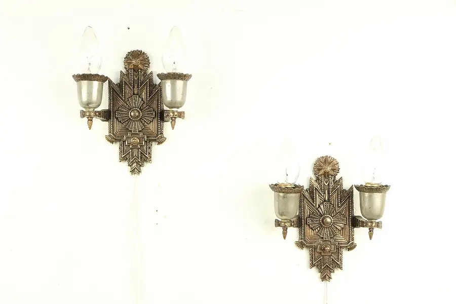 Main image of Pair Art Deco Lights 1930 Vintage Bronze Wall Sconces, Signed ISCO