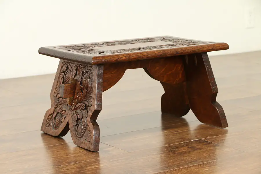 Main image of Carved Oak Antique English Tudor Design Footstool