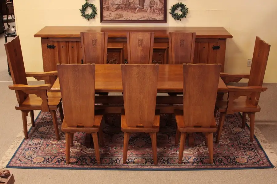 Main image of Swedish Carved Oak Hunting Lodge Dining Set,8 Chairs