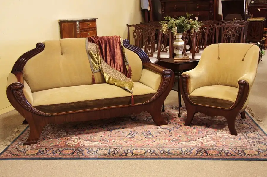 Main image of Art Nouveau Carved Mahogany Sofa and Chair