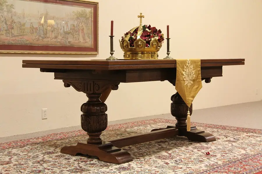Main image of Carved Oak Tudor Dining Table or Library Desk