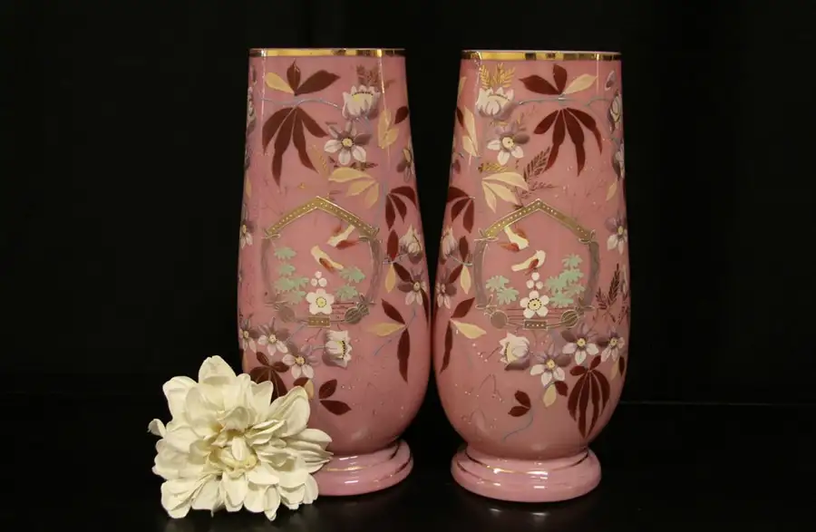 Main image of Pair of Victorian English 1850 Antique Bristol Glass Vases