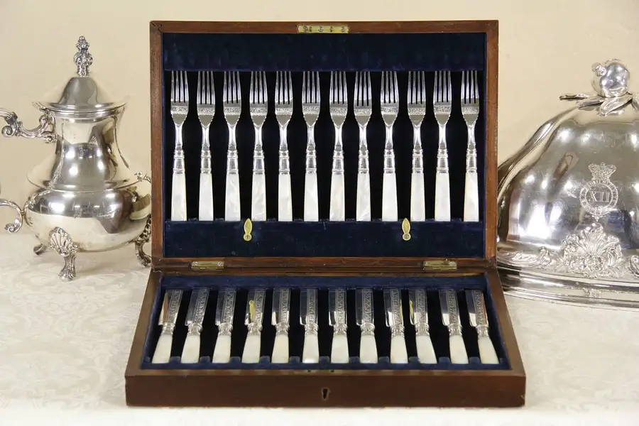 Main image of Pearl Handle Antique 1890's English Silverware Set for 12, Knives & Forks