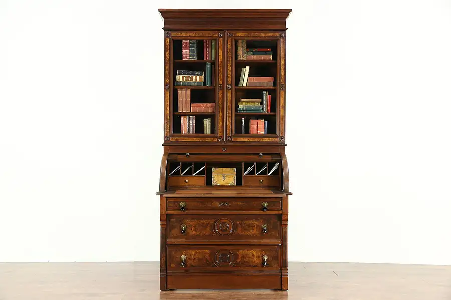 Main image of Victorian Renaissance Antique Walnut Cylinder Roll Top Secretary Desk & Bookcase