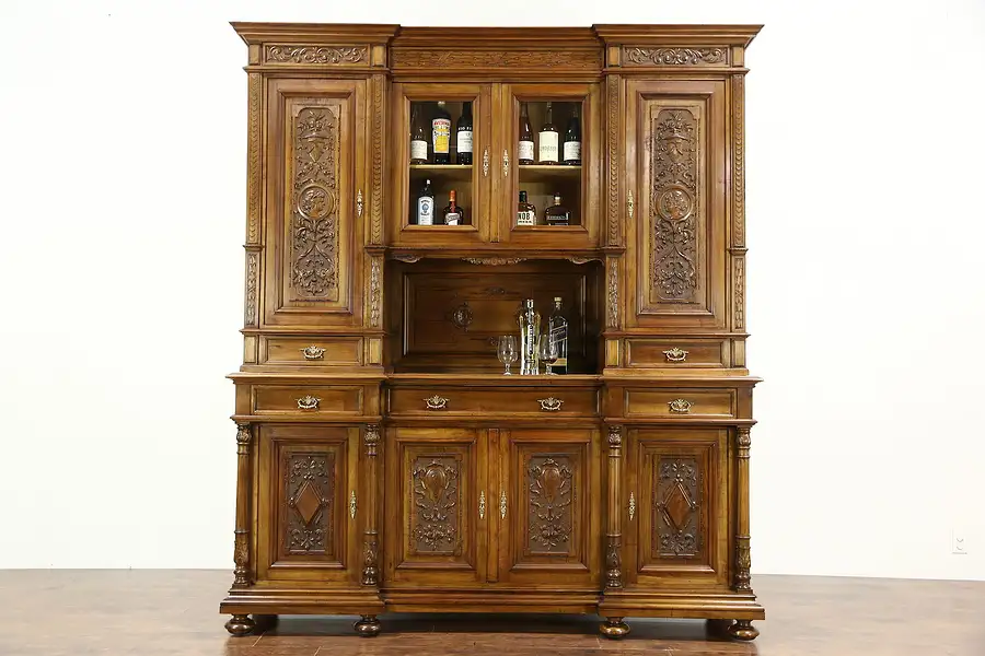 Main image of Sideboard, Antique 1900 Carved Walnut China Cabinet or Backbar, Carved Faces