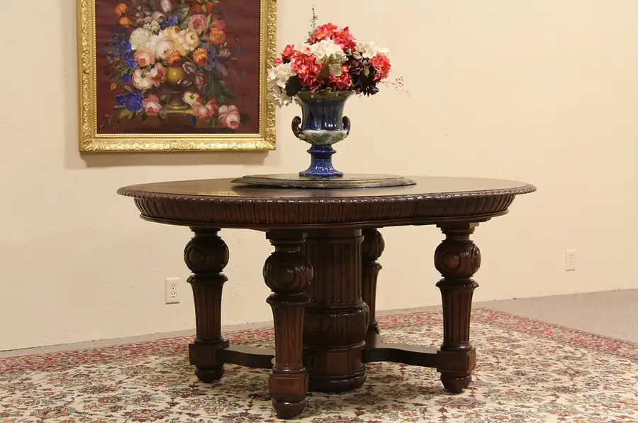Main image of Oval Carved Oak Antique 12' Dining Table