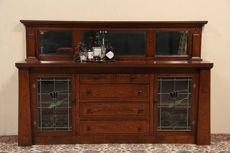 Main image of Arts & Crafts 1900 Mission Oak Sideboard Server, Stained Glass
