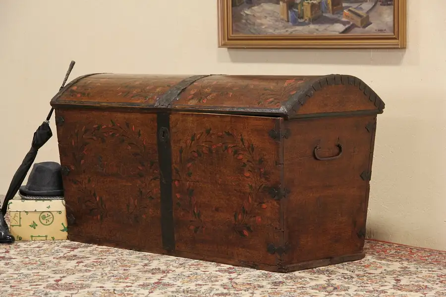 Main image of Country Pine Folk Painted 1840's Antique Immigrant Trunk or Chest