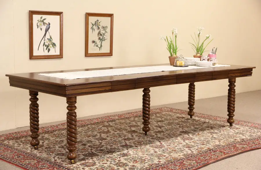 Main image of Square 1900 Antique Oak Dining Table, Spiral Legs, Extends 9 1/2'