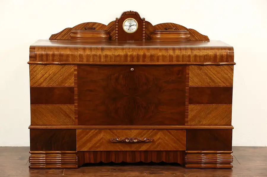 Main image of Art Deco Waterfall 1935 Cedar Chest or Trunk & Clock, Signed Lane
